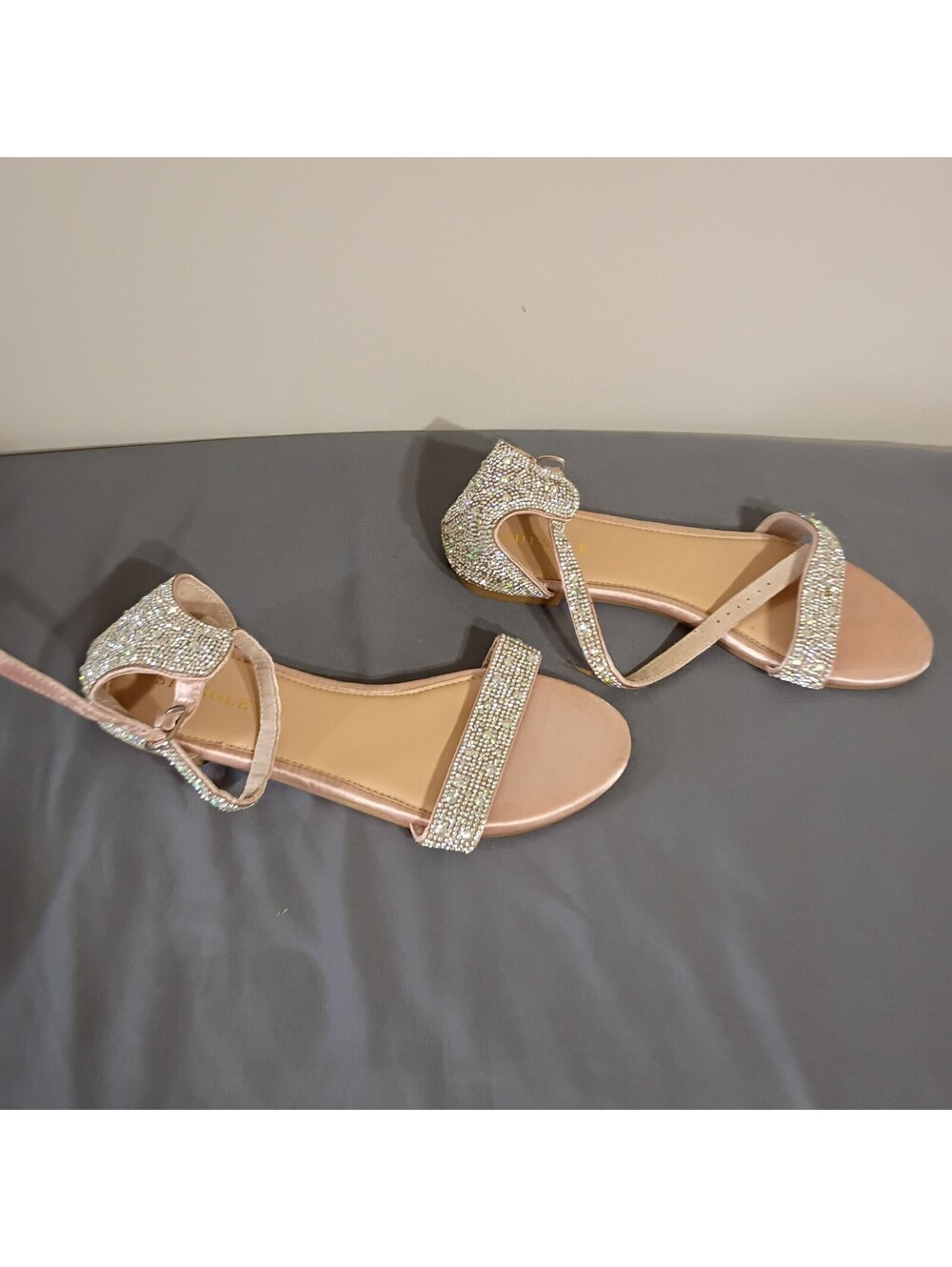 Beige Rhinestone Embellished Flat Sandals